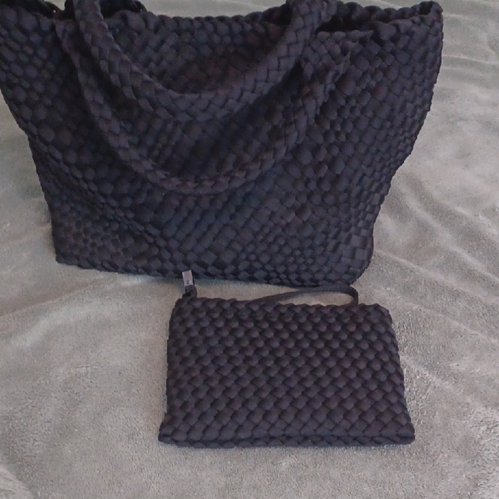 Prenelove  Black Woven Tote Bag With Pouch Wristlet